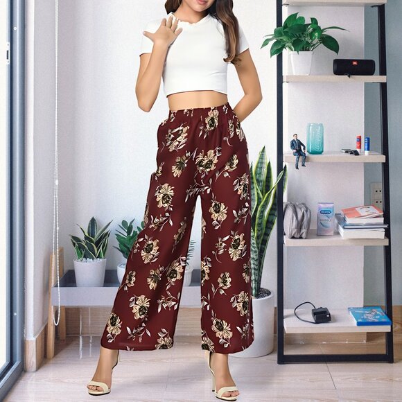 Women's Soft Cotton Blended Loose Fit Wide Leg Comfort Palazzo Printed Pants - Picture 3 of 16